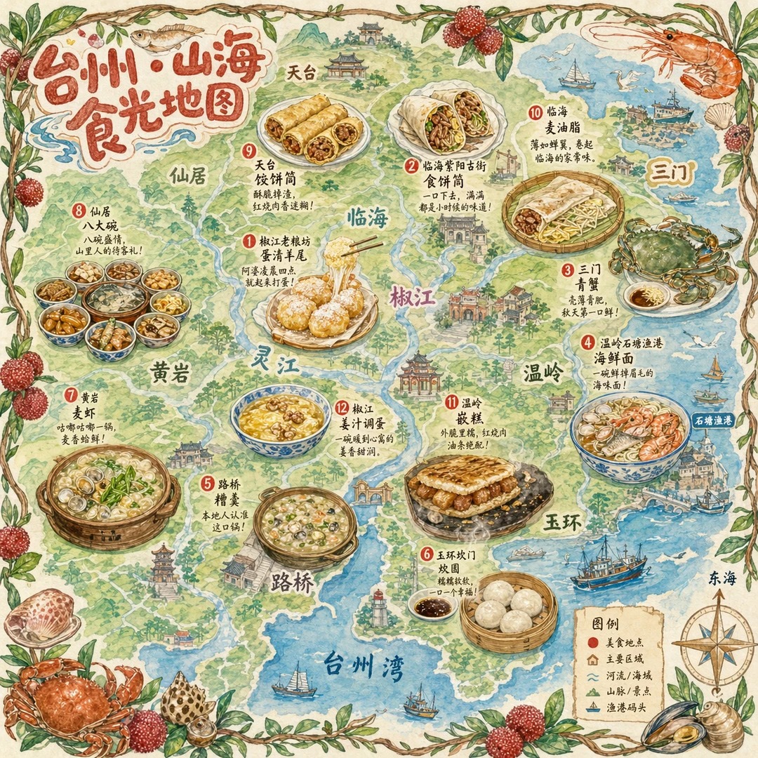 一张手绘风格的城市美食地图，以台州为主题 output image 1