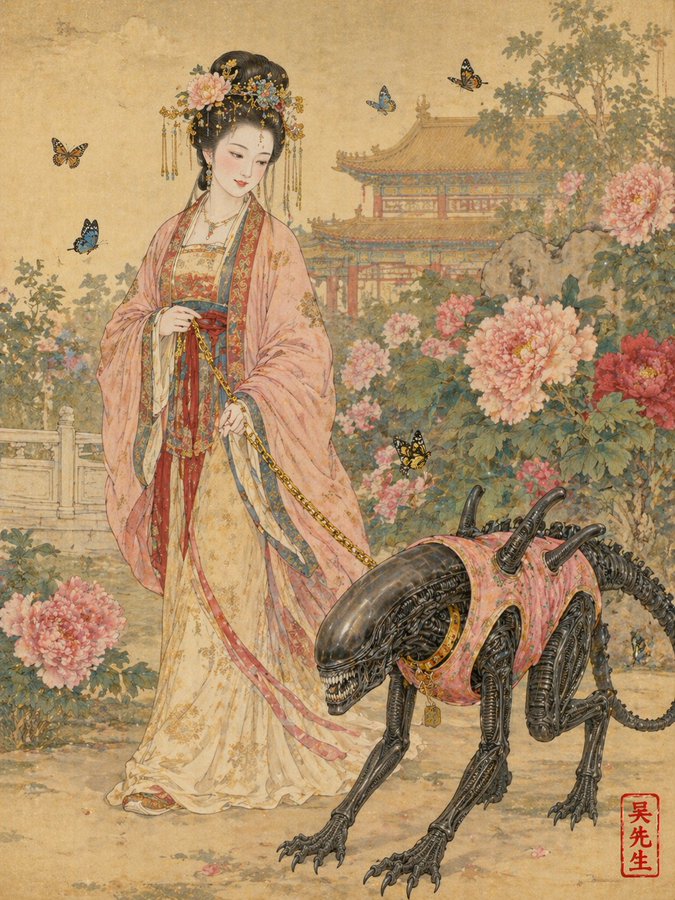 唐朝贵妇遛粉色马甲异形工笔画 output image 1