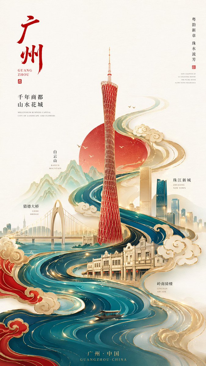 极简国潮鎏金广州塔海报 output image 1