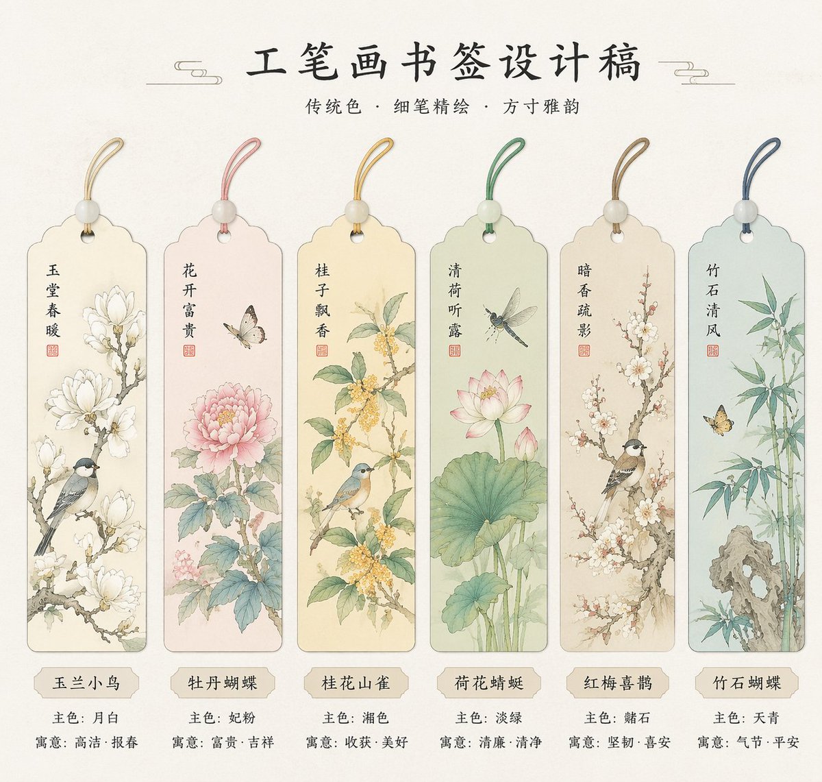 绝美国风工笔画书签设计 output image 1