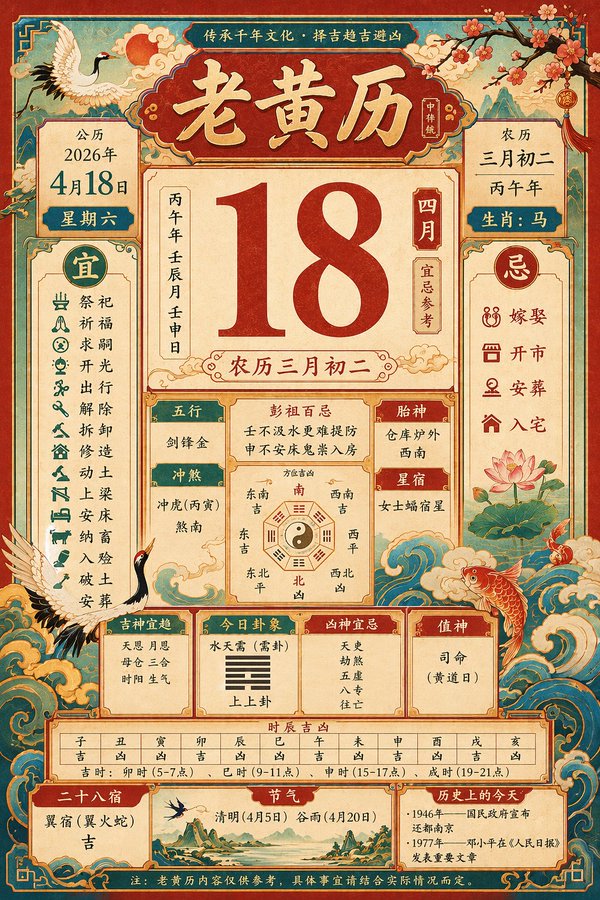 复古传统老黄历二零二六年四月十八 output image 1