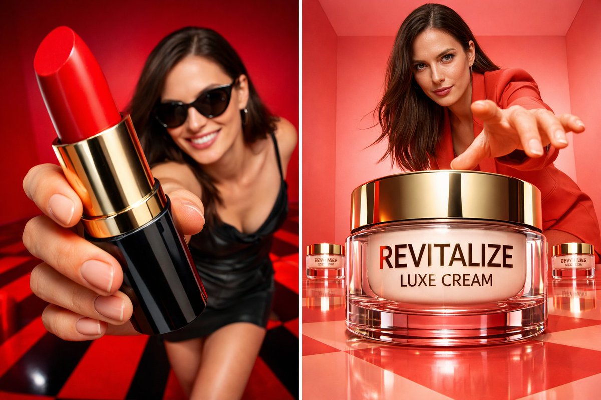 震撼视觉的深红影棚广角美妆大片 output image 1